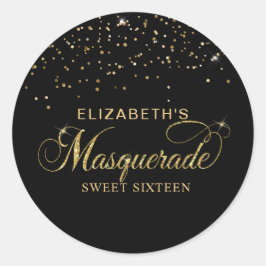 Elegant Black och Guld Glitter Masquerad Party Runt Klistermärke