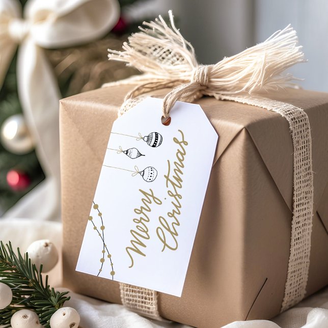 Elegant Black och Guld God jul Presentetikett (Elegant minimal modern black and gold hand-drawn Merry Christmas Gift tag with Christmas Baubles)