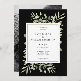 Elegant Black och Guld Greenery Photo Bröllop Inbjudningar