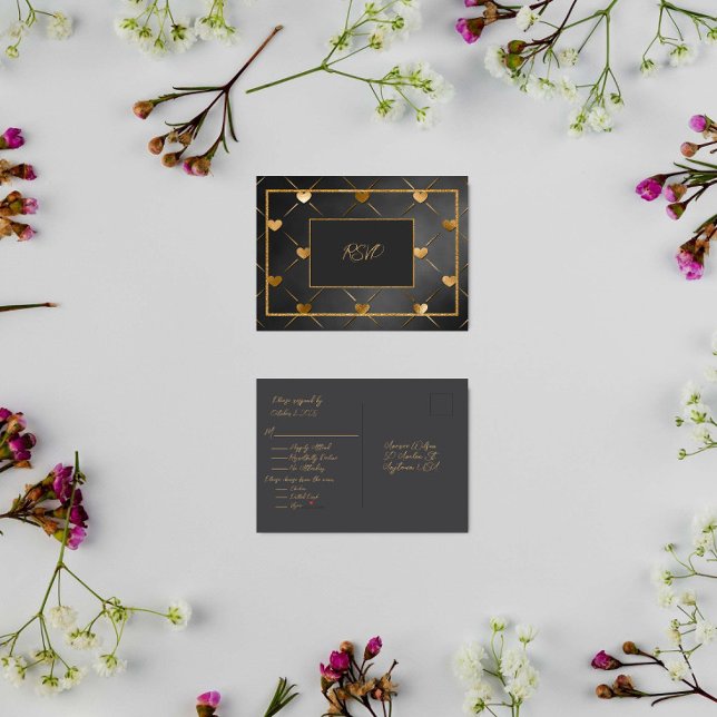 Elegant Black och Guld Hearts OSA Inbjudan Vykort (Skapare uppladdad)
