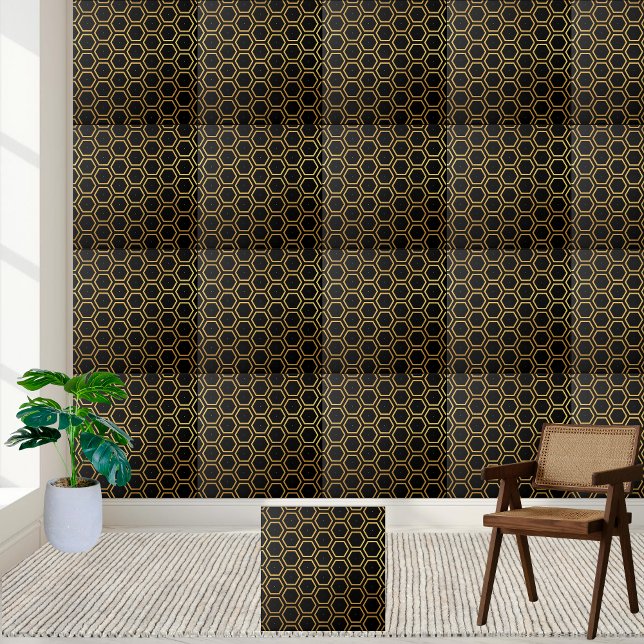 Elegant Black och Guld Honeycomb Hexagon Mönster Kakelplatta (Elegant Black and Gold Honeycomb Hexagon Pattern Ceramic Tile)
