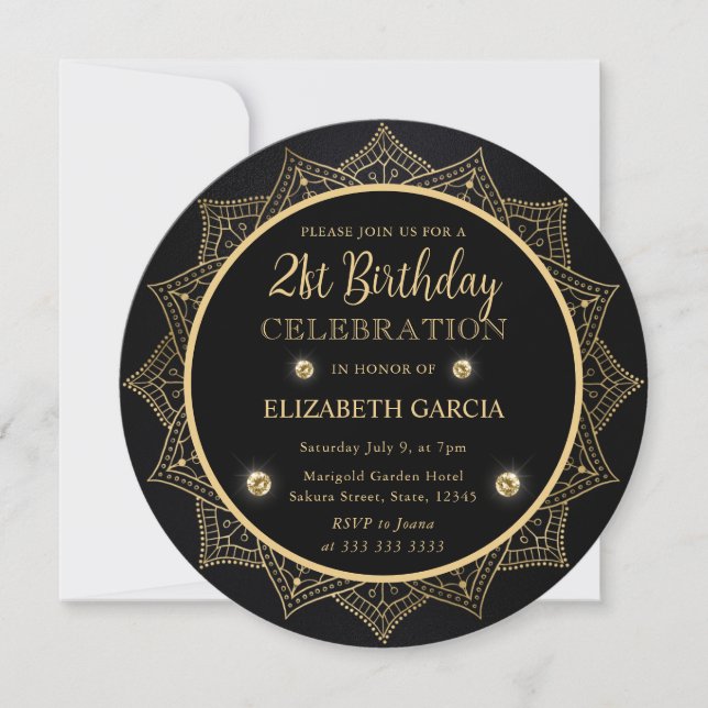 Elegant Black och Guld Mandala 21:a födelsedagen Inbjudningar (Framsida)