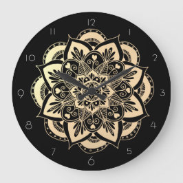 Elegant Black och Guld Mandala Flower Stor Klocka