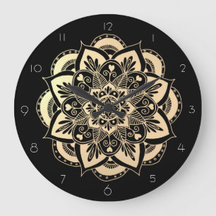 Elegant Black och Guld Mandala Flower Stor Klocka
