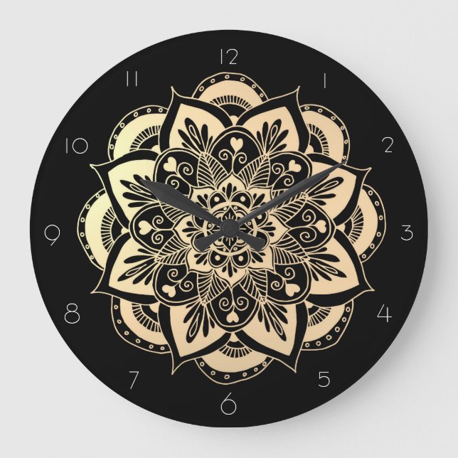Elegant Black och Guld Mandala Flower Stor Klocka (Framsida)