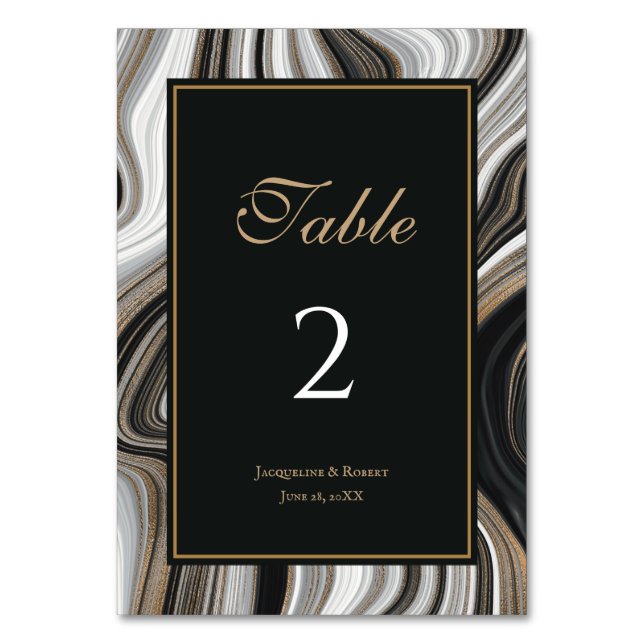 Elegant Black och Guld Marble Bröllop Bordsnummer (Framsidan)