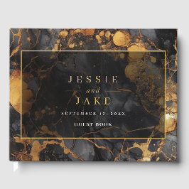 Elegant Black och Guld Marble Bröllop Guest Bok