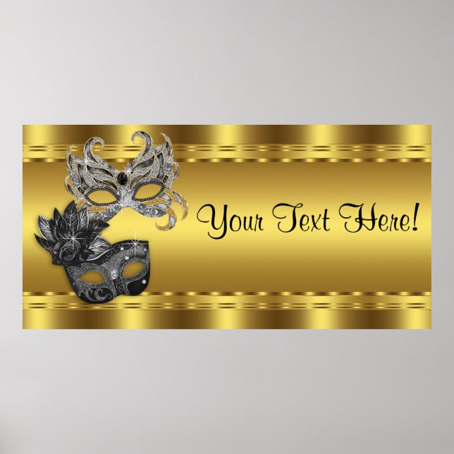 Elegant Black och Guld Masquerad Party banderoll Poster (Framsidan)