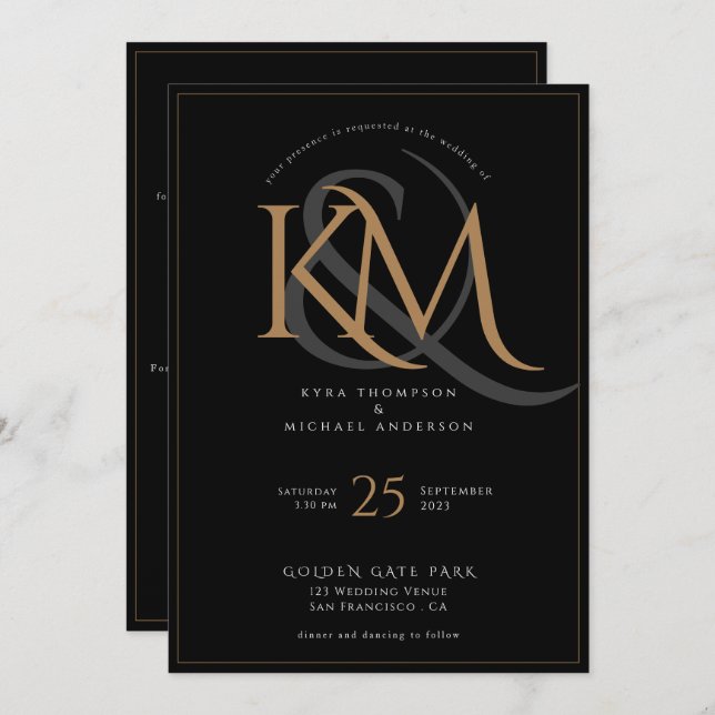 Elegant Black och Guld Monogram allt på ena Bröllo Inbjudningar (Fram/baksida)
