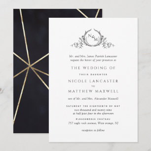 Elegant Black och Guld Monogram Forme Bröllop Inbjudningar