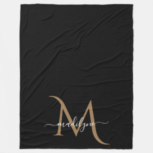 Elegant Black och Guld Monogram Script Namn Bab Fleecefilt