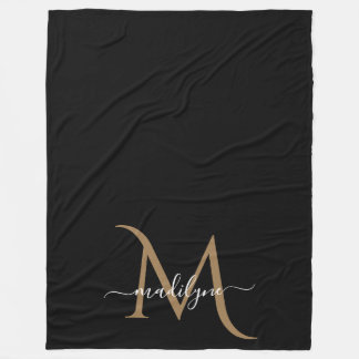 Elegant Black och Guld Monogram Script Namn Bab Fleecefilt