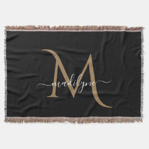 Elegant Black och Guld Monogram Script Namn Filt