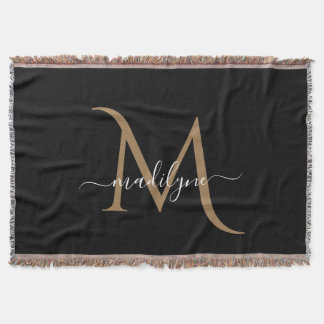 Elegant Black och Guld Monogram Script Namn Filt