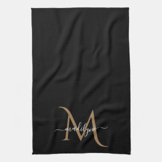 Elegant Black och Guld Monogram Script Namn Kit Kökshandduk