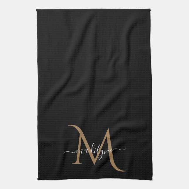 Elegant Black och Guld Monogram Script Namn Kit Kökshandduk (Vertikal)