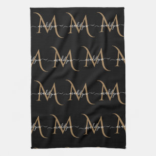 Elegant Black och Guld Monogram Script Namn Kökshandduk