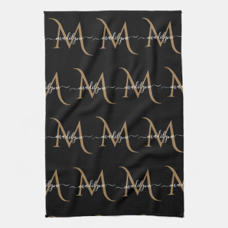 Elegant Black och Guld Monogram Script Namn Kökshandduk