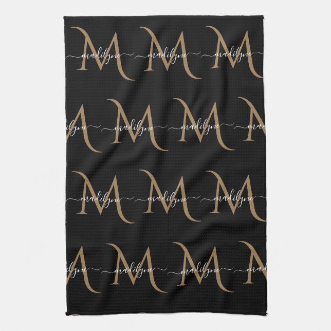 Elegant Black och Guld Monogram Script Namn Kökshandduk (Vertikal)