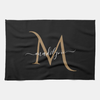Elegant Black och Guld Monogram Script Namn Kökshandduk