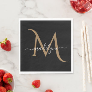 Elegant Black och Guld Monogram Script Namn Napk Pappersservett