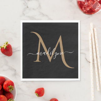 Elegant Black och Guld Monogram Script Namn Napk Pappersservett