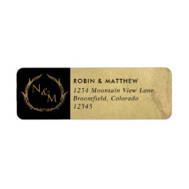 Elegant Black och Guld Monogrammed Bröllop Returadress Etikett