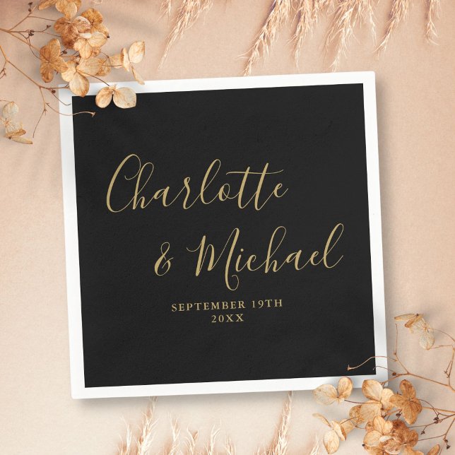Elegant Black och Guld Namnteckning Bröllop Pappersservett (Elegant Black And Gold Signature Wedding Napkins)