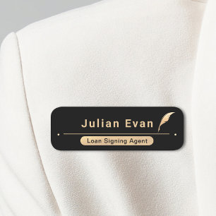 Elegant Black och Guld Notary Public Quill Icon Namnbricka