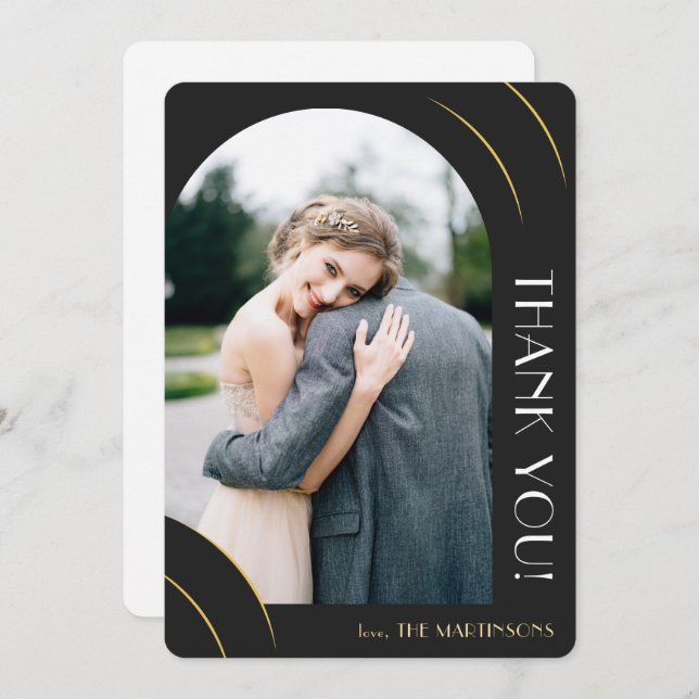 Elegant Black och Guld Photo Bröllop Tack Kort (Fram/baksida)