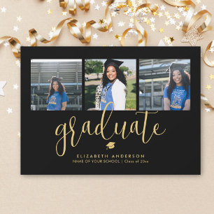 Elegant Black och Guld Photo Collage Studenten Inbjudningar