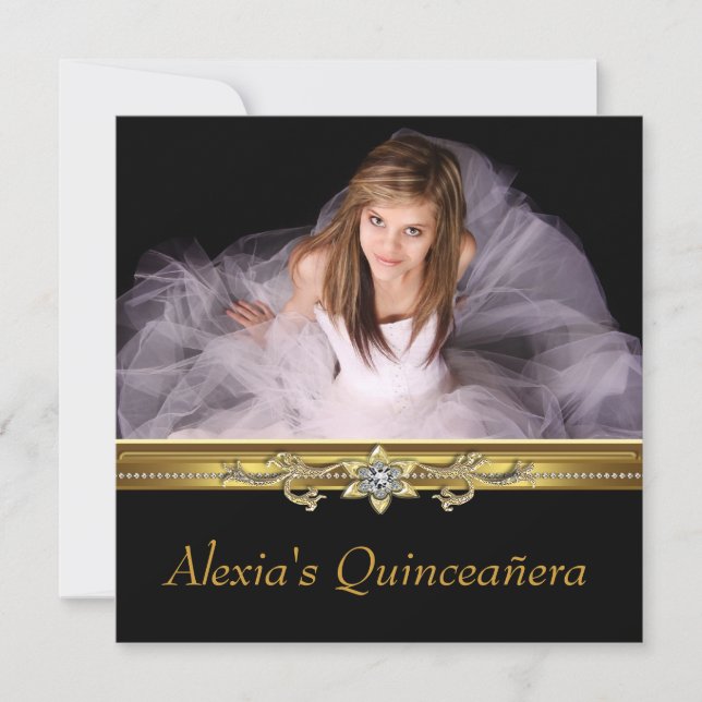 Elegant Black och Guld Photo Quinceanera Inbjudningar (Framsida)