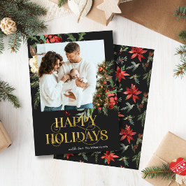 Elegant Black och Guld Poinsettia Photo jul Julkort