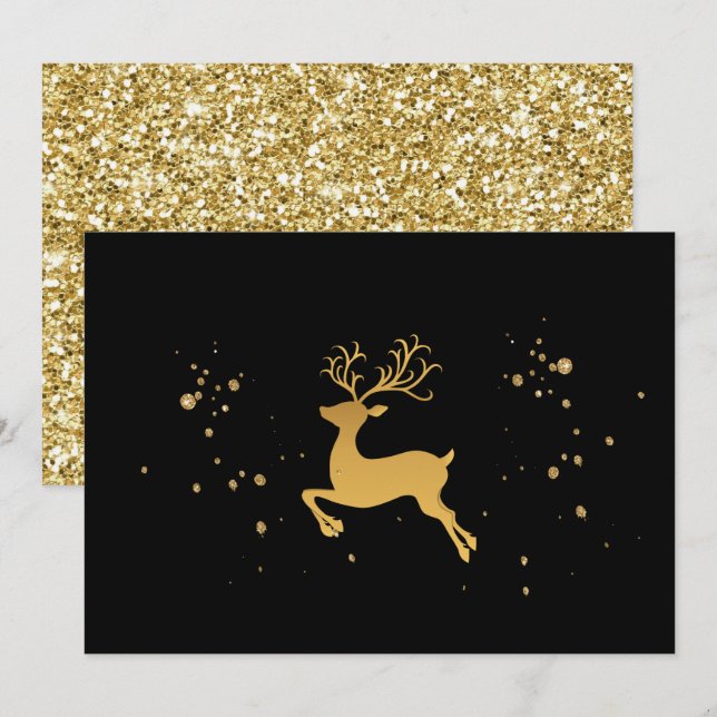 Elegant Black och Guld Rudolph jul Inbjudningar (Fram/baksida)