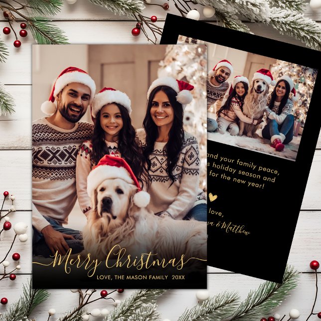 Elegant Black och Guld Script 2 Photo jul Julkort (Skapare uppladdad)