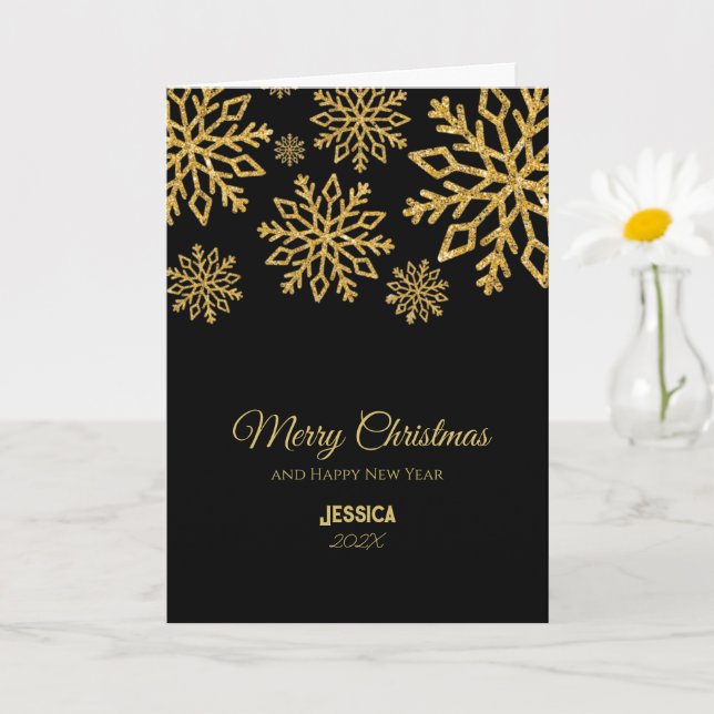 Elegant Black och Guld Snöflingor Namn jul Kort (Liten växt)