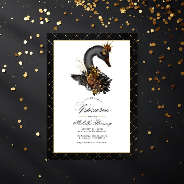 Elegant Black och Guld Svan Quinceañera Photo Inbjudningar (Elegant Black and Gold Swan Quinceañera Photo Invitation)