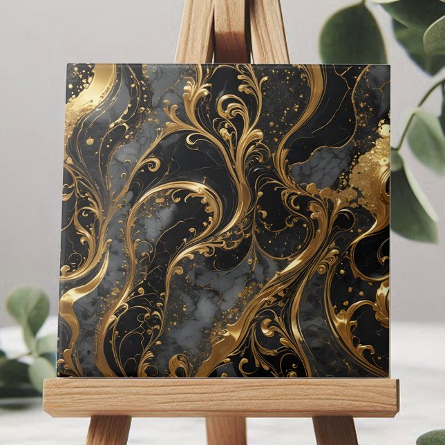 Elegant Black och Guld Swirls med Marble Accents Kakelplatta (Skapare uppladdad)