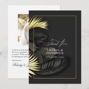 Elegant Black och Guld Tropical Löv Bröllop Tack Kort