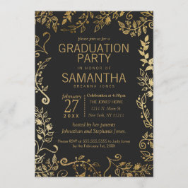 Elegant Black och Gult Guld Blommigt Studenten Inbjudningar