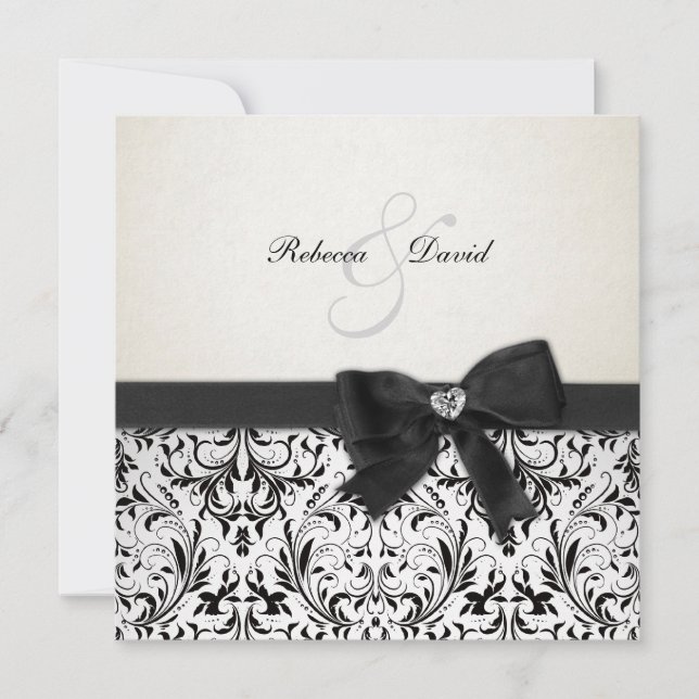 Elegant Black och Ivory Damask med diamantbåge Inbjudningar (Framsida)