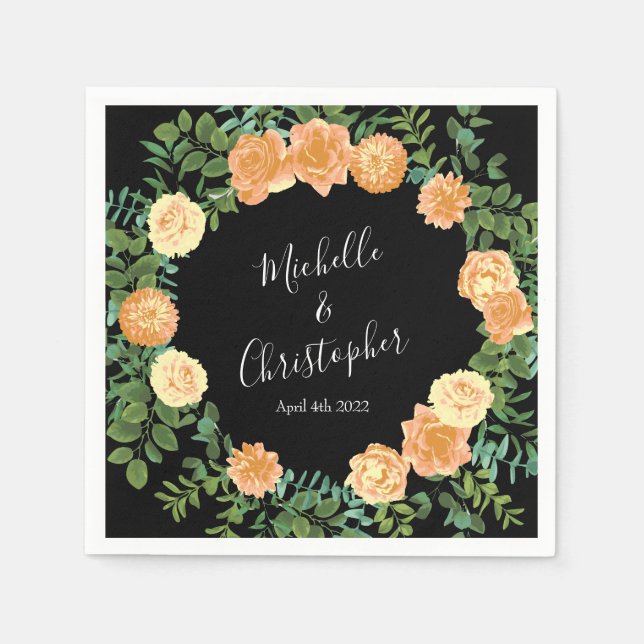 Elegant Black och Peach Ro Bröllop Pappersservett (Framsidan)