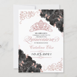 Elegant Black och Ro Guld Blommigt Quinceanera Inbjudningar