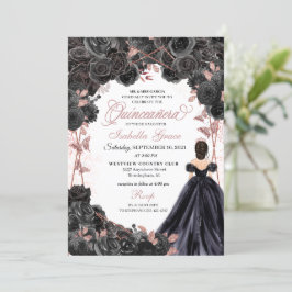 Elegant Black och Ro Guld Blommigt Quinceanera Inbjudningar