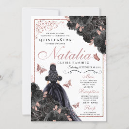 Elegant Black och Ro Guld Blommigt Quinceanera Inbjudningar