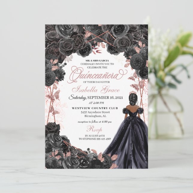 Elegant Black och Ro Guld Blommigt Quinceanera Inv Inbjudningar (Stående Fram)