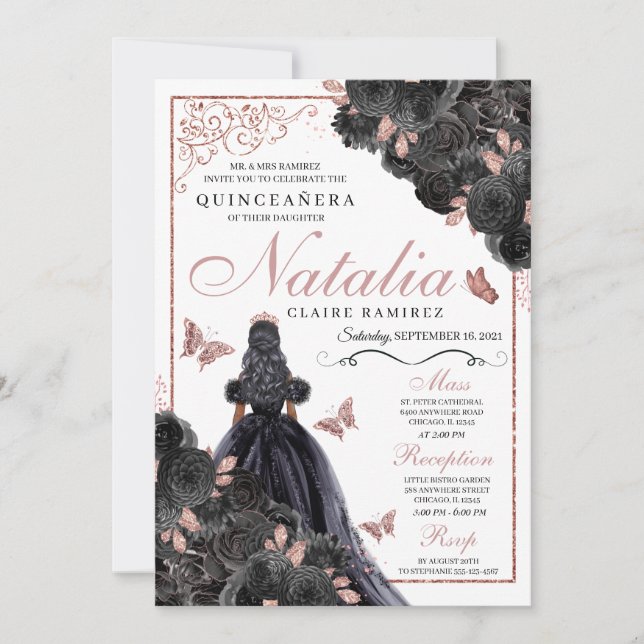 Elegant Black och Ro Guld Blommigt Quinceanera Inv Inbjudningar (Framsida)