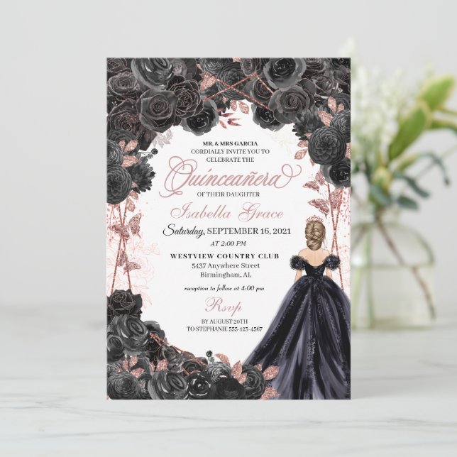 Elegant Black och Ro Guld Blommigt Quinceanera Inv Inbjudningar (Stående Fram)