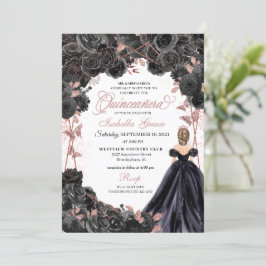 Elegant Black och Ro Guld Blommigt Quinceanera Inv Inbjudningar