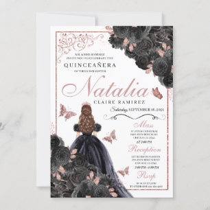 Elegant Black och Ro Guld Blommigt Quinceanera Inv Inbjudningar